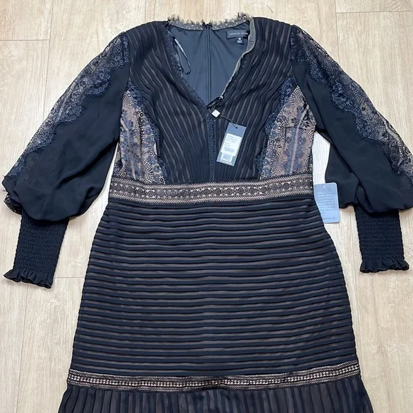 Tadashi Shoji Lace Pintuck Long Sleeve Midi Cocktail Dress, Size 16 1347 - Picture 7 of 14